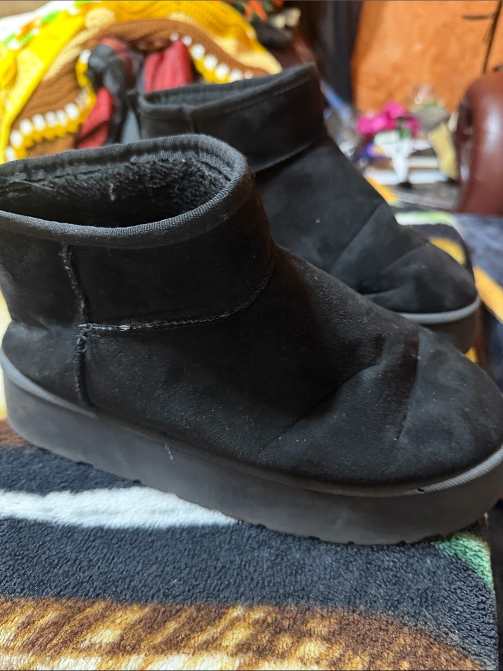 Women's Black Suede Ankle Booties with Plush Lining with platform bottoms